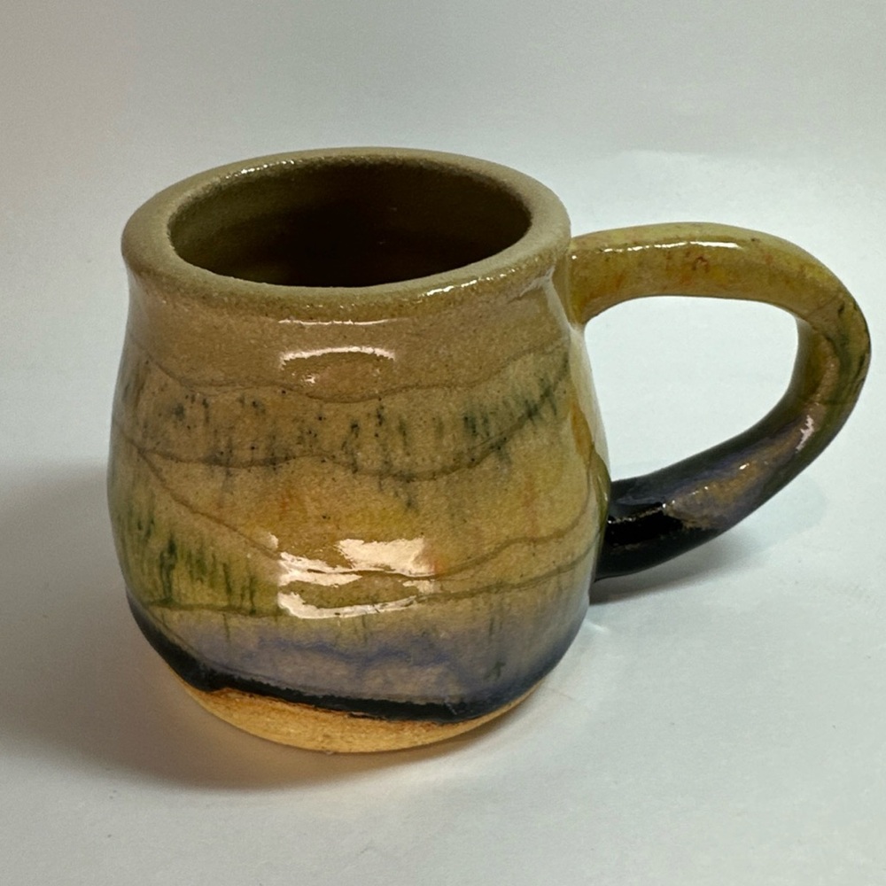 Pottery Mug Small Beige Tan Blue Green Glaze Coffee Tea Cup 9 Oz